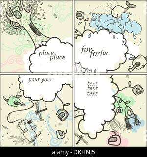 Vector set de quatre cartes à la main avec fantaisie nuages , cartoon les animaux et les plantes Illustration de Vecteur