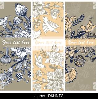 Jeu de cartes vecteur floral fantaisie avec fleurs et oiseaux Illustration de Vecteur