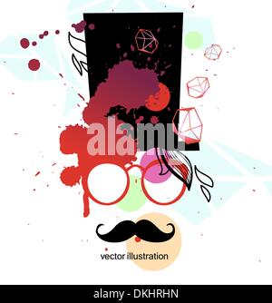 Vector illustration d'un homme avec une moustache noire en rouge lunettes et chapeau à l'ancienne Illustration de Vecteur