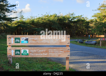 Les panneaux pour randonnée sentiers à travers la forêt Newborough, Isle of Anglesey, au nord du Pays de Galles, Royaume-Uni, Angleterre Banque D'Images