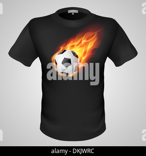 Homme noir T-shirt avec impression football fiery sur fond gris. Banque D'Images