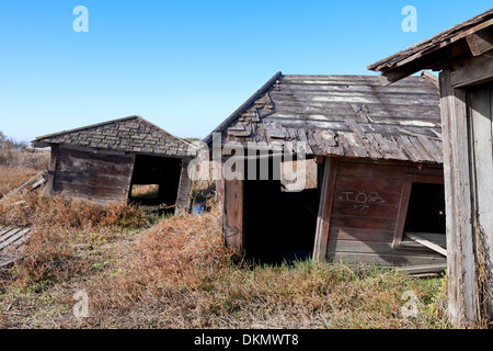 Des cabanes abandonnées lentement sombrer dans le marais à la ville fantôme de pont-levis, dans le sud de la baie de San Francisco. Banque D'Images
