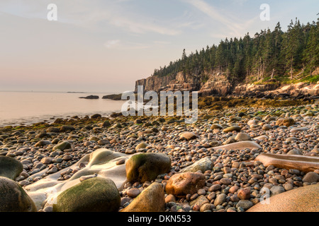 Pierres arrondies sur Boulder Beach à la recherche vers l'Otter Cliffs au lever du soleil dans l'Acadia National Park, Maine Banque D'Images