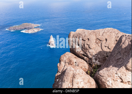 Pétroglyphes sur des rochers près de cérémonial d'Orongo, village et les motu utilisé dans le Birdman la concurrence. L'île de Pâques Banque D'Images