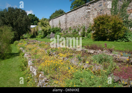 Mur de pierre dans le jardin de la colline Marwood, Devon, UK. Banque D'Images