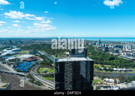 Vue aérienne sur le triage de Flinders Street, Melbourne Park Tennis Center et le Jardin Botanique Banque D'Images