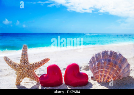 Les étoiles de mer et coquillage avec deux cœurs sur la plage de sable à l'océan Banque D'Images