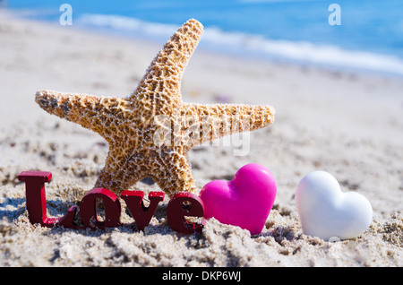 Panneau 'love' avec des étoiles de mer et deux cœurs sur la plage de sable à l'océan Banque D'Images