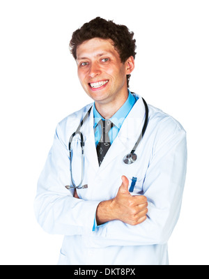 Portrait of a male doctor avec doigt vers le haut sur fond blanc Banque D'Images