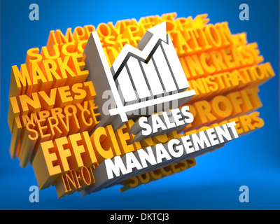 La gestion des ventes avec une croissance sur l'icône graphique WordCloud jaune sur fond bleu. Banque D'Images