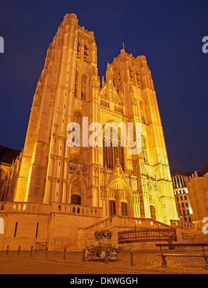 Bruxelles - Saint Michel et Sainte Gudule cathédrale gothique - façade ouest de nuit Banque D'Images