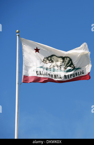 Drapeau de la République de Californie sur une perche. Ciel bleu clair dans un arrière-plan. Collection de Photos de la Californie. Banque D'Images