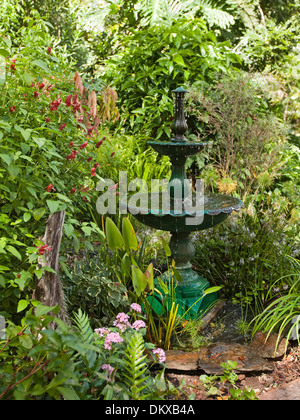 Un spectaculaire jardin sub-tropical avec une fontaine décorative fontaine, feuillage émeraude, arbustes et vivaces Banque D'Images