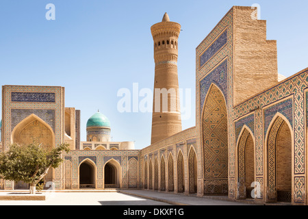 Cour intérieure de la mosquée Kalon, également connu sous le nom de mosquée Kalyan Minaret Kalon, Mir et je les Madrasah arabes derrière, Boukhara, Ouzbékistan Banque D'Images