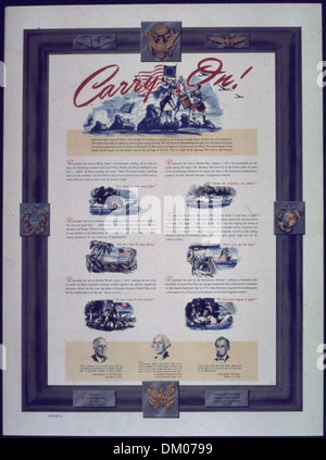 Cette affiche de propagande américaine de la seconde Guerre mondiale encourage les citoyens à soutenir les efforts de production de guerre et le patriotisme. Il met en lumière diverses campagnes telles que Victory Gardens, War Bonds et la propagande nationale pour renforcer le front intérieur. Le Bureau de l'information sur la guerre a joué un rôle important dans le ralliement des citoyens pour l'effort de guerre, ciblant le recrutement, la conservation et le secret, tout en promouvant l'anti-allemand, sentiments japonais et italiens. Banque D'Images