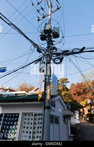Téléphone encombré et câblage électrique - Séoul, Corée du Sud Banque D'Images