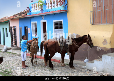 Les chevaux à l'extérieur de maison, Calle José Mendoza (Santa Ana), Trinidad, la province de Sancti Spiritus, Cuba, mer des Caraïbes, l'Amérique centrale Banque D'Images