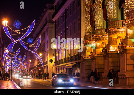 Lumières de Noël dans la Rua Aurea, Lisbonne, Portugal, Europe Banque D'Images