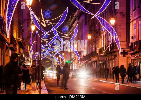 Lumières de Noël dans la Rua Aurea, Lisbonne, Portugal, Europe Banque D'Images