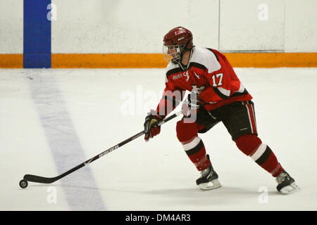 Des employés de la NCAA Jeu - SLU's Alex Curran recherche un joueur ouvert durant la 2ème période. NU mène le jeu 3-2. Le jeu a eu lieu à Dwyer Arena à Niagara Falls, New York, États-Unis d'Amérique. (Crédit Image : © Nicholas Serrata/ZUMApress.com) Southcreek/mondial Banque D'Images