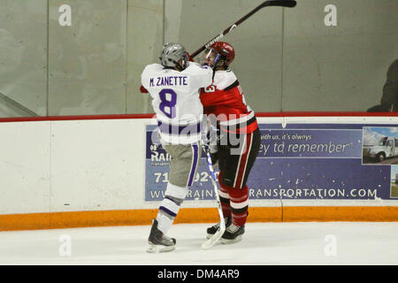 Des employés de la NCAA - Jeu du NU Marc Zanette (8) vérifié SLU's Jacob Drewiske (13) lors de la 2e période. Les sondes d'nu le score de 3-2. Le jeu a eu lieu à Dwyer Arena à Niagara Falls, New York, États-Unis d'Amérique. (Crédit Image : © Nicholas Serrata/ZUMApress.com) Southcreek/mondial Banque D'Images