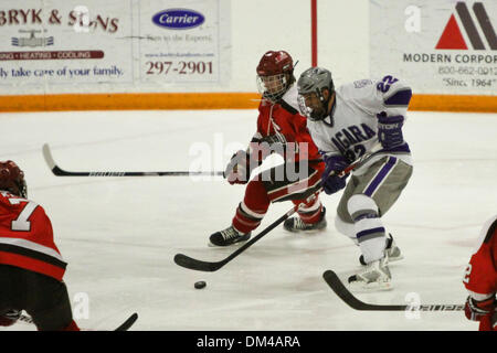 Des employés de la NCAA Jeu - SLU's Jeff Caister (14) et Nu'est Bryan Haczyk (22) Rendez-vous après la rondelle au cours de la troisième période. NU a gagné le match 4-3. Le jeu a eu lieu à Dwyer Arena à Niagara Falls, New York, États-Unis d'Amérique. (Crédit Image : © Nicholas Serrata/ZUMApress.com) Southcreek/mondial Banque D'Images