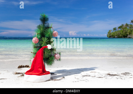 Arbre de Noël et de Santa hat sur plage parfaite, nouvelle année à célébrer Banque D'Images