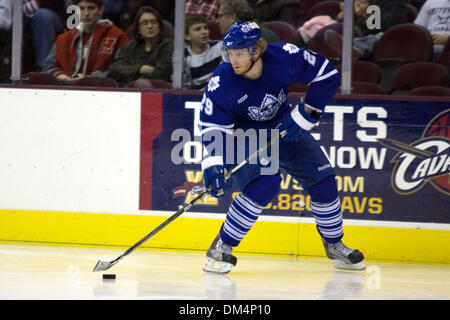 29 Janvier 2010 : Toronto Marlies Kyle Rogers (29) avec la rondelle au cours de cette ligue américaine de Hockey match entre le Toronto Marlies et le lac Erie Monsters joué au Quicken Loans Arena de Cleveland, OH. Les Monstres, portant des uniformes spéciaux pour commémorer le 1980 l'équipe de hockey olympique US, défait les Marlies 6-3..Crédit obligatoire : Frank Jansky / Southcreek Crédit Global (Imag Banque D'Images