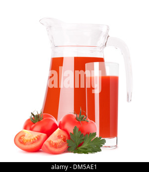 Jus de légumes tomate en pot de verre isolé sur fond blanc dentelle Banque D'Images