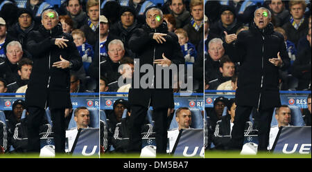 (131212) -- Londres, 12 déc 2013 (Xinhua) -- Dans cette image composite Jose Mourinho, manager de Chelsea, est aveuglé par un pointeur laser au cours de l'UEFA Champions League Groupe E match entre Chelsea et le FC Steaua Bucarest au stade de Stamford Bridge à Londres, Grande-Bretagne, le 11 décembre, 2013. Chelsea a gagné 1-0.(Xinhua/Wang Lili) Banque D'Images