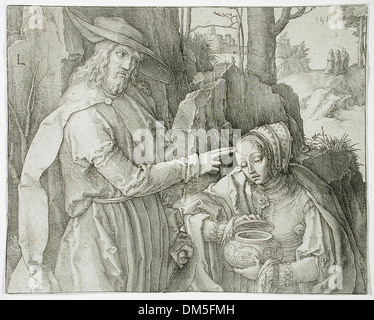 Cette œuvre d'art dépeint Christ apparaissant comme un jardinier de Sainte Marie-Madeleine, une scène du récit biblique de la Résurrection. La composition reflète les thèmes du renouveau et de la grâce, illustrant le moment où Marie reconnaît le Christ après sa résurrection. La peinture souligne la nature sereine et transformatrice de cette rencontre. Banque D'Images
