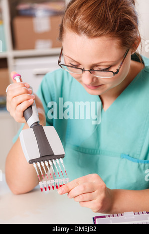 Tech femelle ou scientifique travaille avec pipette in biological laboratory Banque D'Images