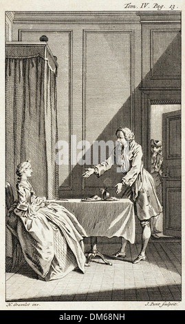 Cette illustration de Tom Jones représente une scène du roman classique de Henry Fielding. L’image capture un moment de l’œuvre littéraire du XVIIIe siècle, mettant en valeur le récit et les personnages sous une forme visuelle. Banque D'Images