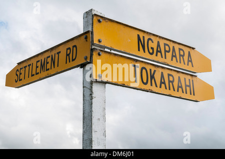 Signe de route sur l'Ngapara Road dans la vallée de Waitaki, île du Sud, Nouvelle-Zélande. Banque D'Images