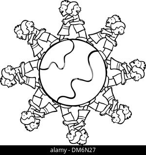 Globe avec entourant les enfants Hugging - B et W Illustration de Vecteur
