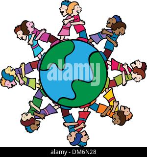 Globe avec entourant les enfants Hugging Illustration de Vecteur
