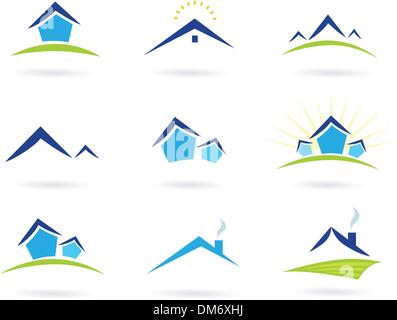 Immobilier / maisons icônes des isolé sur blanc - bleu et vert Illustration de Vecteur
