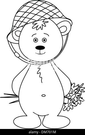 Teddy-bear dans un casque avec un bouquet, contours Illustration de Vecteur