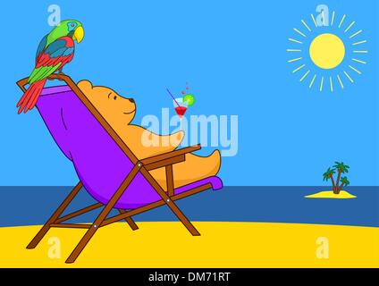 Ours en peluche dans une chaise longue sur une plage Illustration de Vecteur