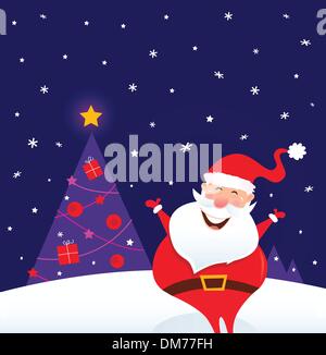 Nuit d'hiver : Santa heureux avec l'arbre de Noël Illustration de Vecteur