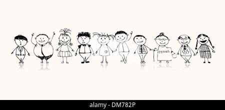 Heureux big family smiling together, dessin croquis Illustration de Vecteur