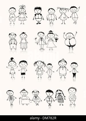 Heureux big family smiling together, dessin croquis Illustration de Vecteur