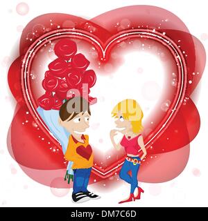 Jeune couple dans l'amour avec des fleurs. Happy Valentine's Day Card. Illustration de Vecteur