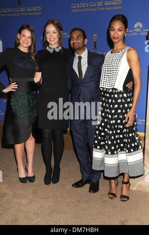 Beverly Hills, CA, USA. Dec 12, 2013. Dec 12, 2013 - Los Angeles, CA, United States - Miss Golden Globe 2014 SOSIE BACON, l'actrice Olivia Wilde, le comédien AZIZ ANSARI, l'actrice Zoe Saldana au Golden Globe 2014 Annonce des candidatures qui a eu lieu au Beverly Hilton Hotel, Los Angeles. Crédit : Paul Fenton/ZUMAPRESS.com/Alamy Live News Banque D'Images