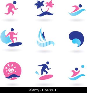 Le sport, l'eau et vacances icônes exotiques - rose et bleu Illustration de Vecteur