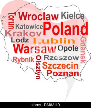 Pologne carte et mots de nuages avec de plus grandes villes Illustration de Vecteur