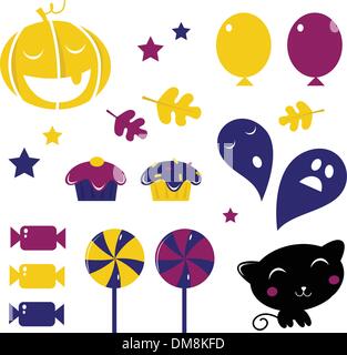Retro icônes Halloween isolé sur blanc ( jaune et bleu ) Illustration de Vecteur