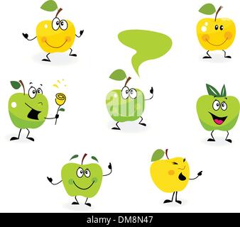 Funny green Apple caractères des fruits isolé sur fond blanc Illustration de Vecteur