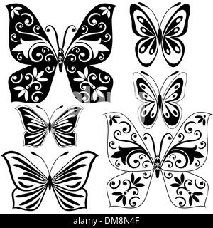 Définir les papillons noir et blanc Illustration de Vecteur