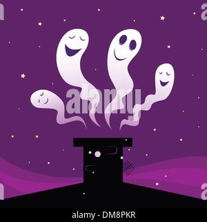 Happy Halloween Fantômes battant autour de cheminée noire silhouette Illustration de Vecteur